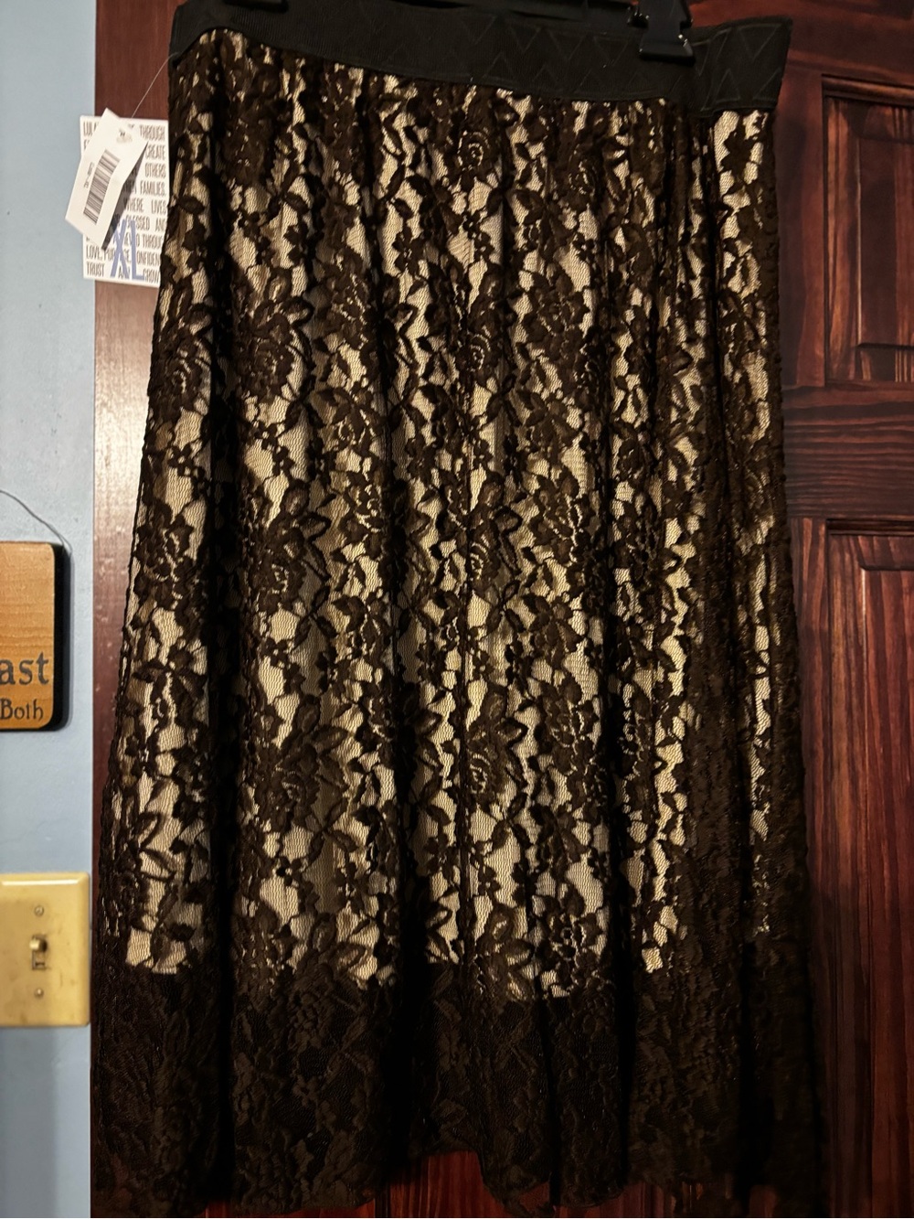 LuLaRoe Brown Lace Overlay Midi Skirt with Cream Lining